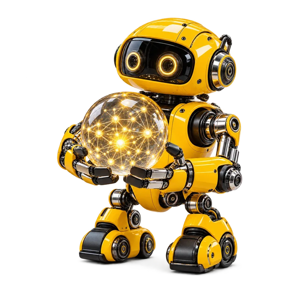 A yellow robot holding a neural network in a glass sphere