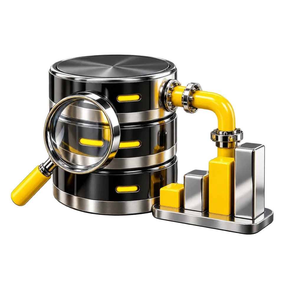 A database with a data stream, magnifying glass and chart