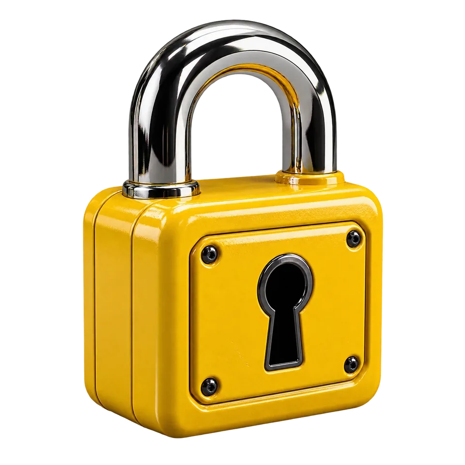 A yellow padlock with a closed chrome shackle