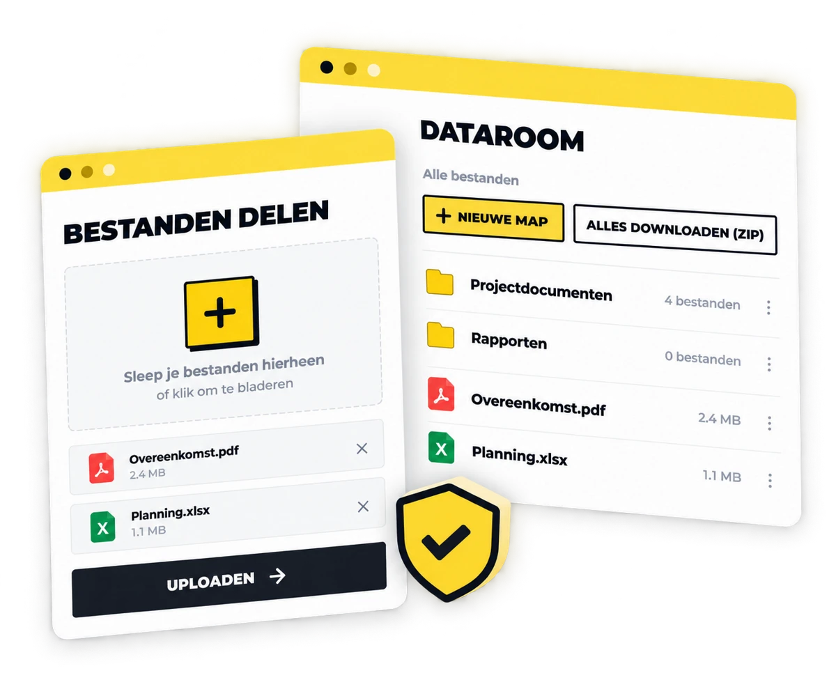 Gestileerde SecureSharing-dataroom met uploadvenster, mappen en voorbeeldbestanden