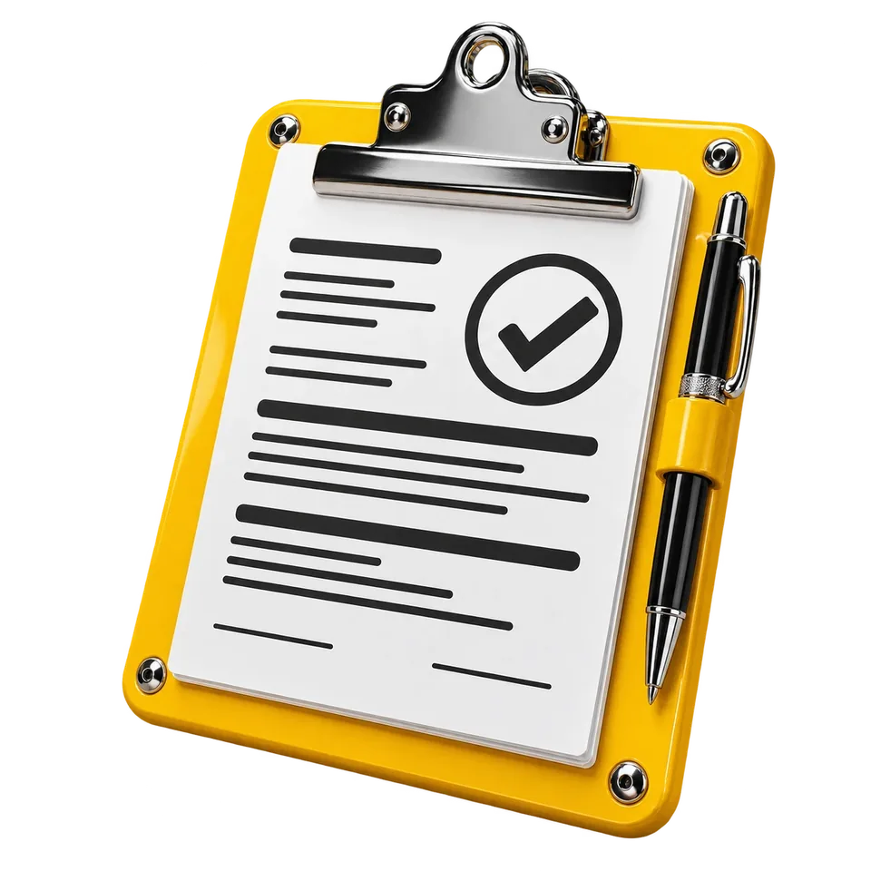 A yellow clipboard with a document, tick and pen